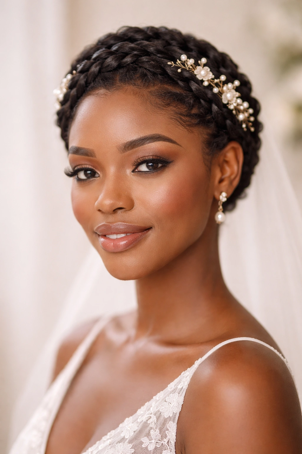 Bride with crown braid on short hair forming a halo around the head