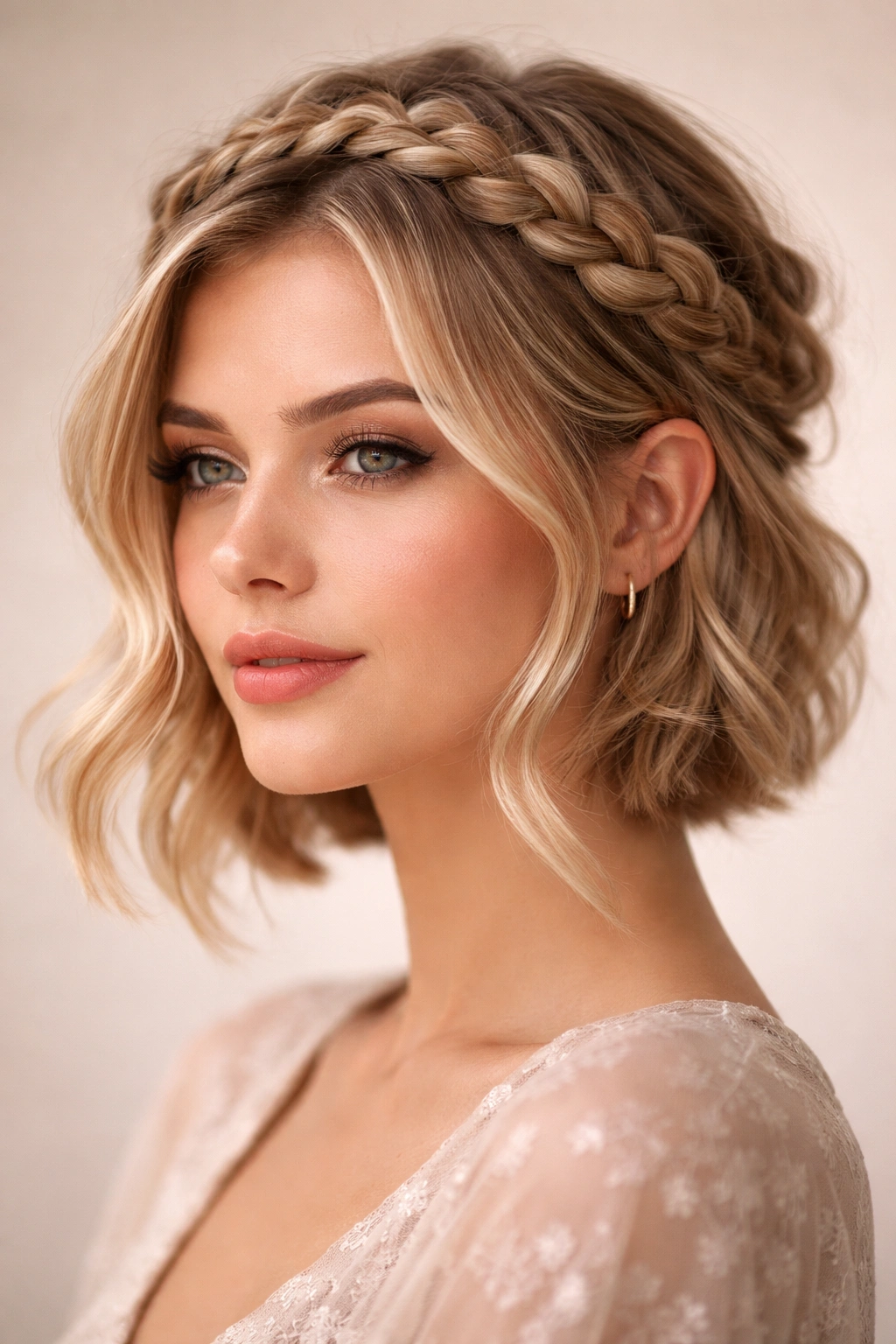 Three-quarter view of short hair with braided crown and loose face-framing strands.