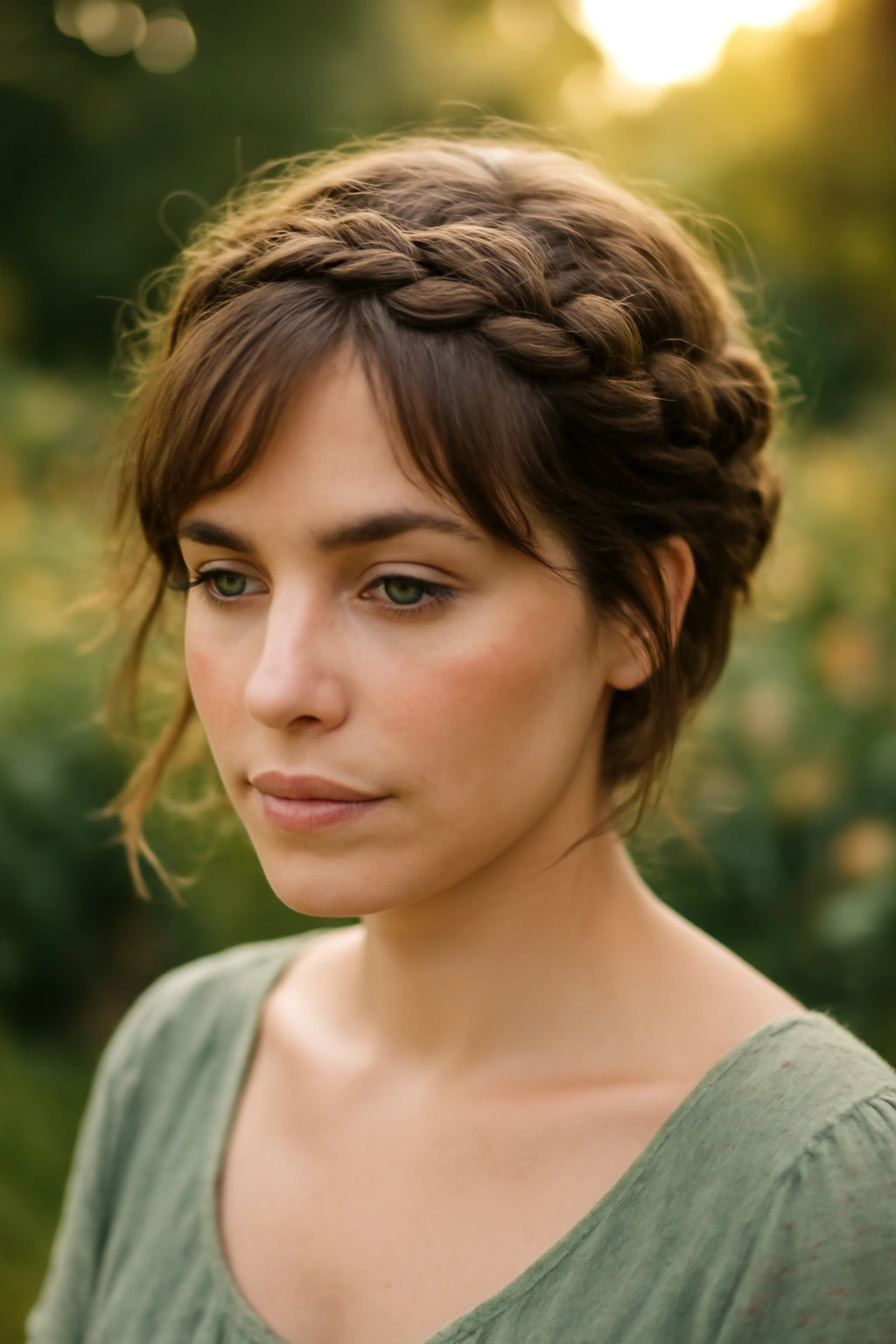 15 Easy Short Hair Updos That Work for Any Occasion 13 Close-up portrait of short hair with a decorative braided crown encircling the head in a garden setting