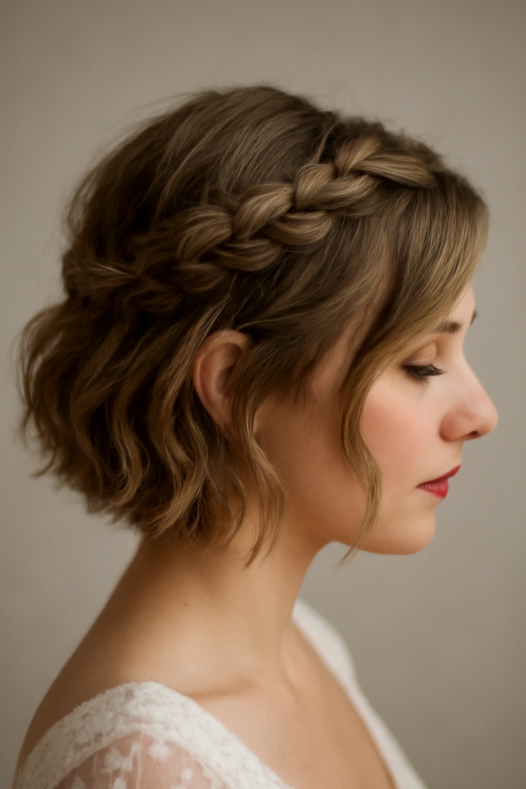10 Simple Wedding Hairstyles for Short Hair Brides 7 Close-up of a short bridal hairstyle with a delicate crown braid and loose waves.