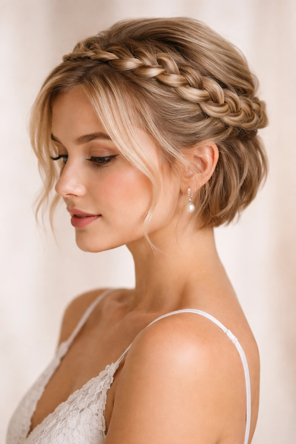 Close-up of a short hairstyle featuring a delicate braided crown around the head
