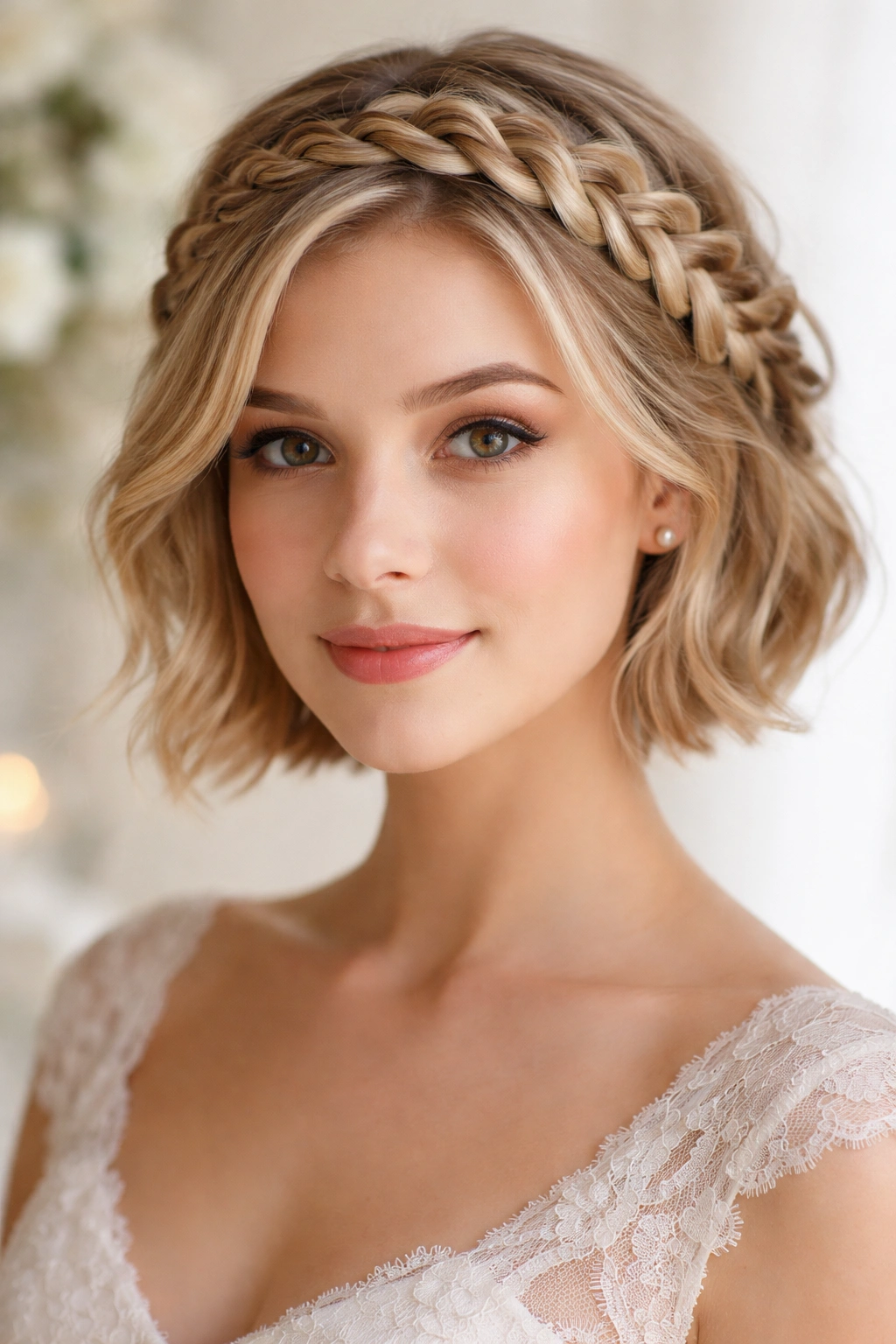 Dutch braided crown forming a halo over short hair.