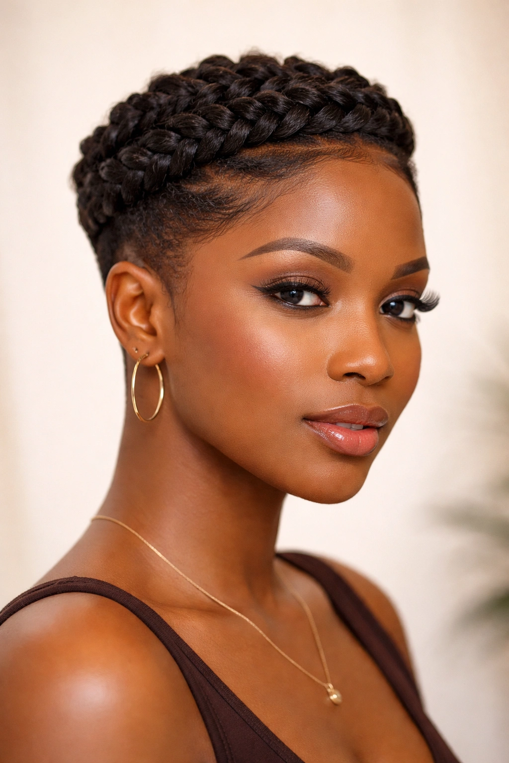 Intricate crown braids around the head with short tapered sides