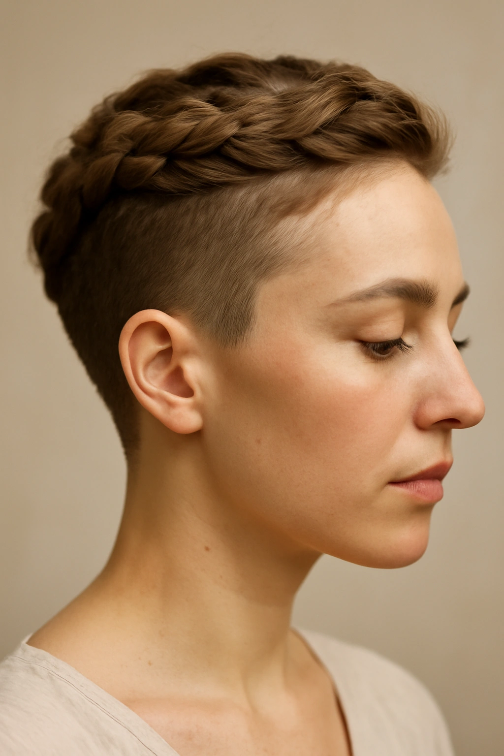 15 Wedding Hairstyles That Suit Short-Haired Brides 5 Headshot showing braided crown with short sides