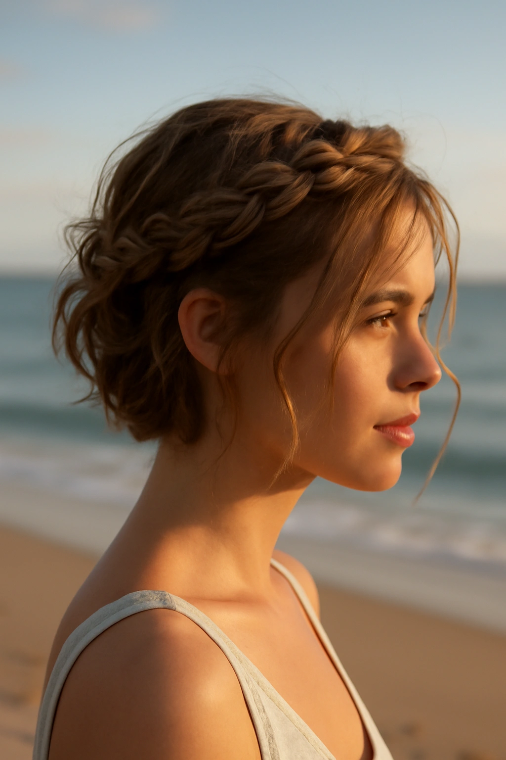 10 Beach Vacation Hairstyles for Short-Haired Women 9 Close-up of braided crown with loose tendrils on short hair at the beach