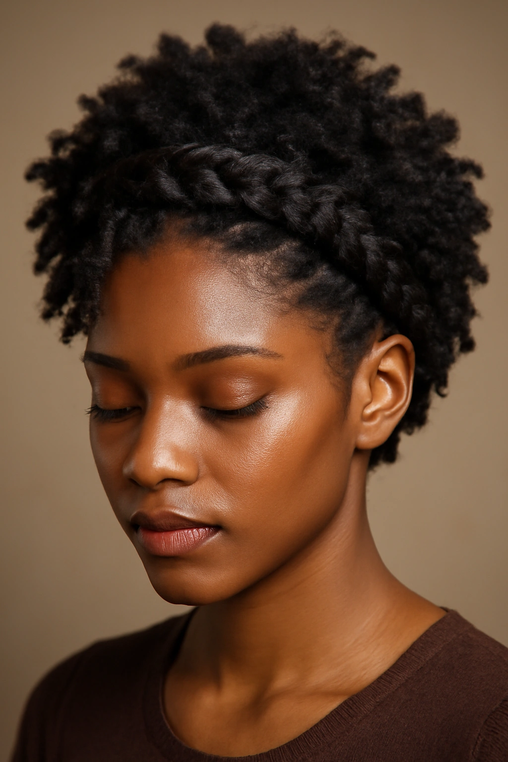 10 Twist Out Styles for Short Natural Hair to Copy 6 Twist out styled with a braided crown detail on short natural hair