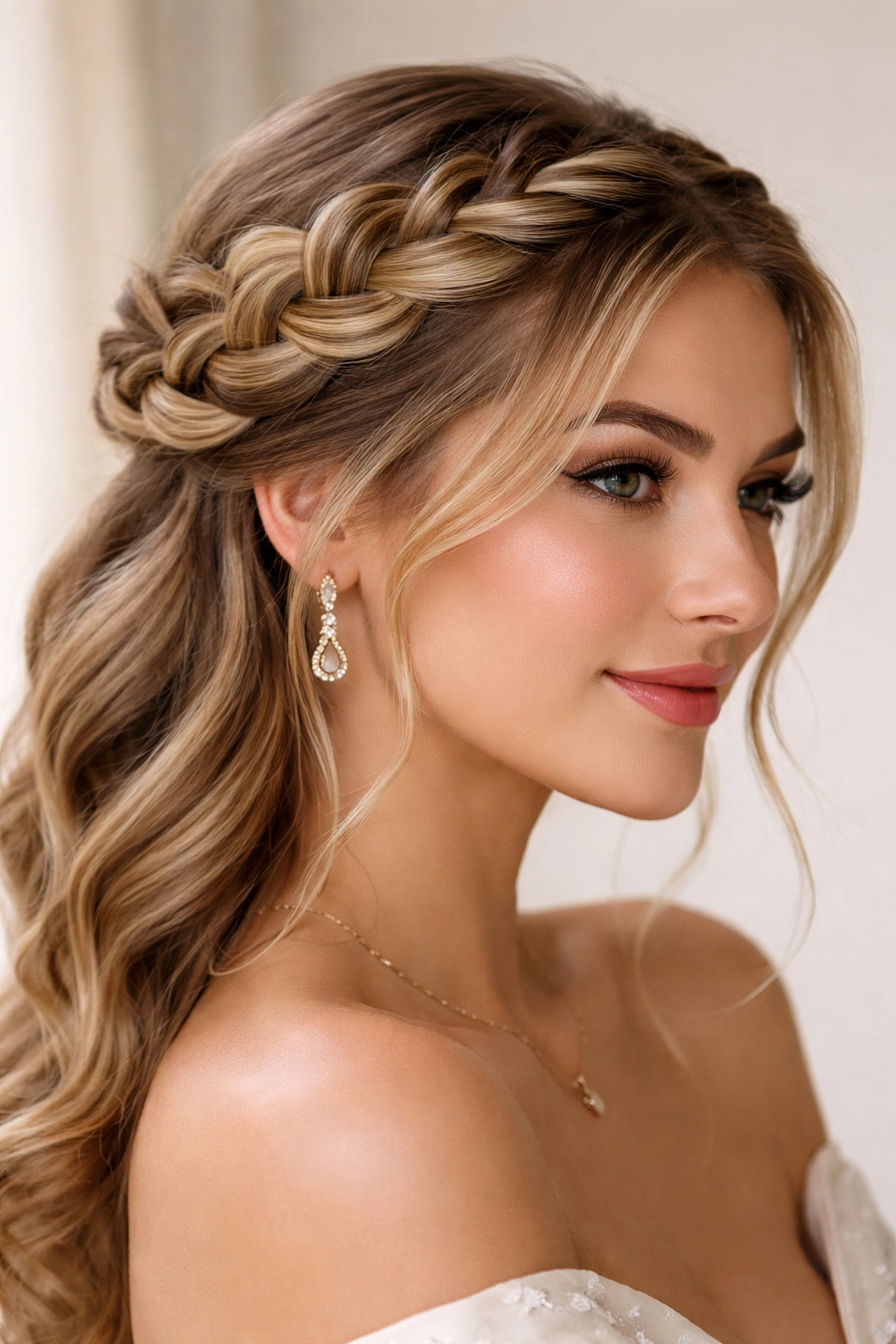 Braided crown hairstyle with two thick braids wrapping around the head