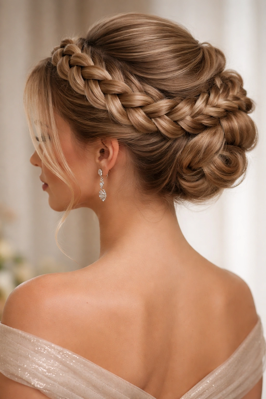 Braided crown updo with braids weaving around into a bun.