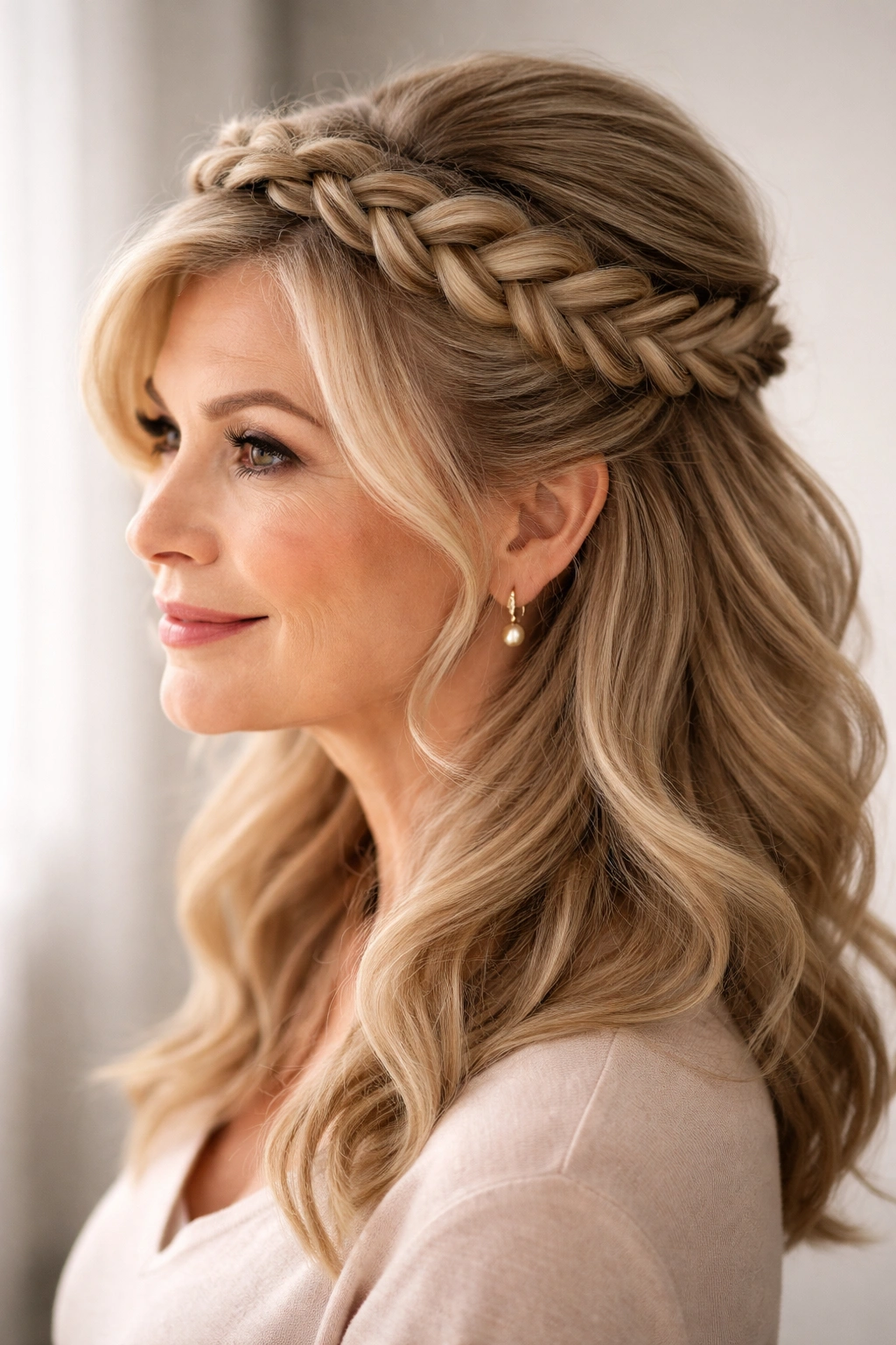 20 Volume Boosting Hairstyles For Older Women 14 Hair styled into a crown braid along the scalp with volume and soft waves beneath