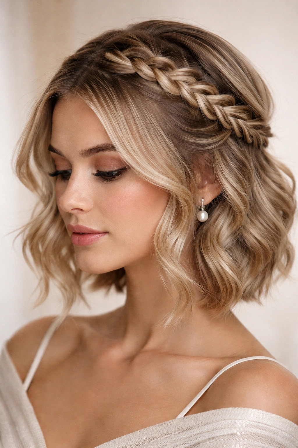 Partial crown braid with loose waves framing the face