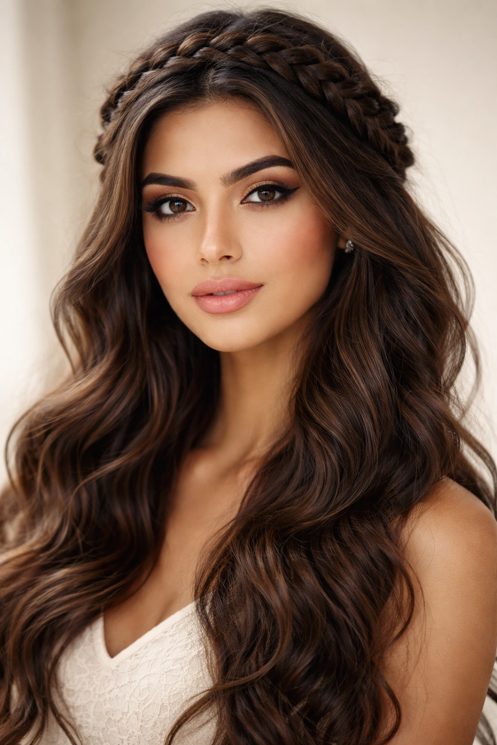 Braided crown with loose waves framing the face.