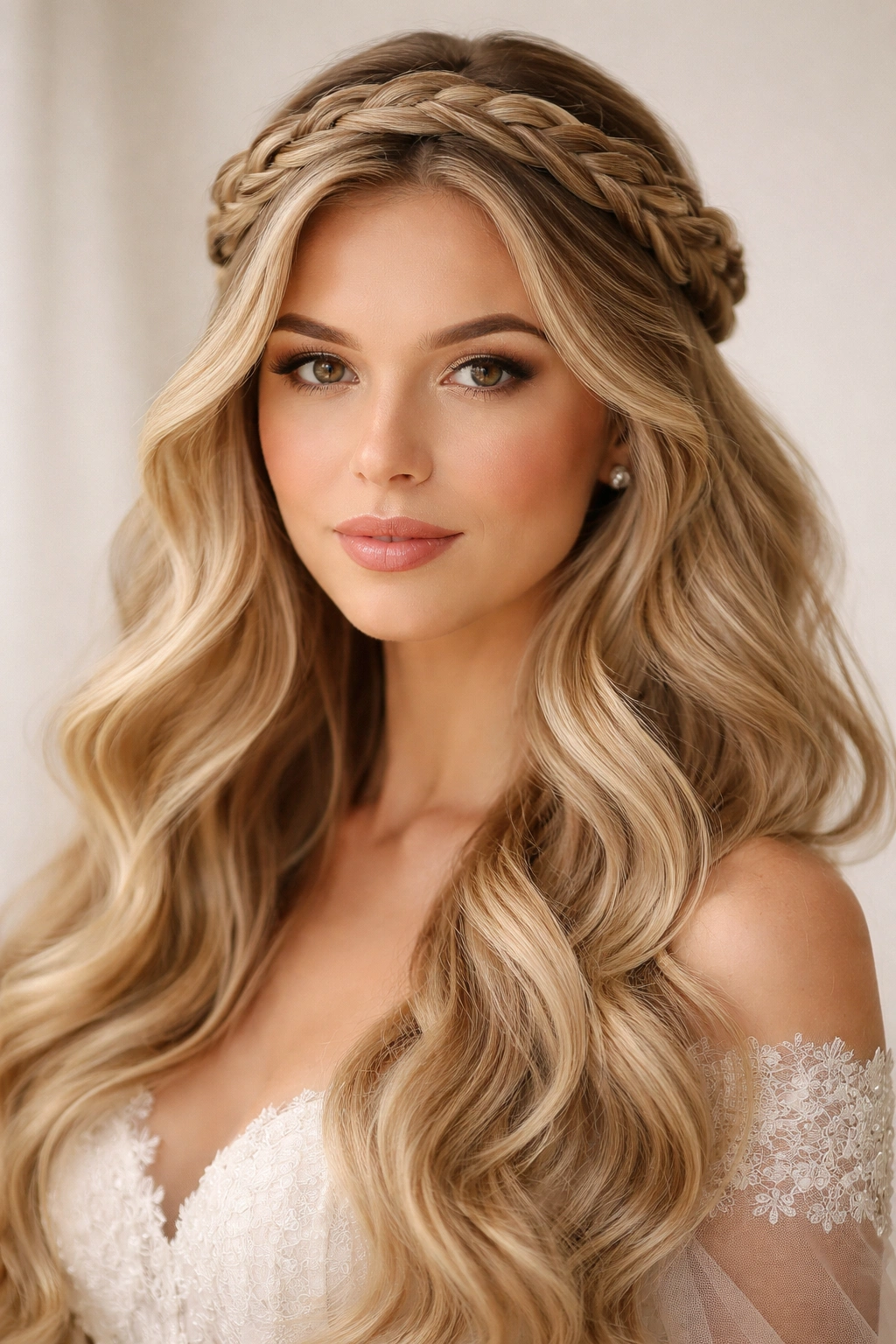 Close-up of an intricate braided crown with flowing waves