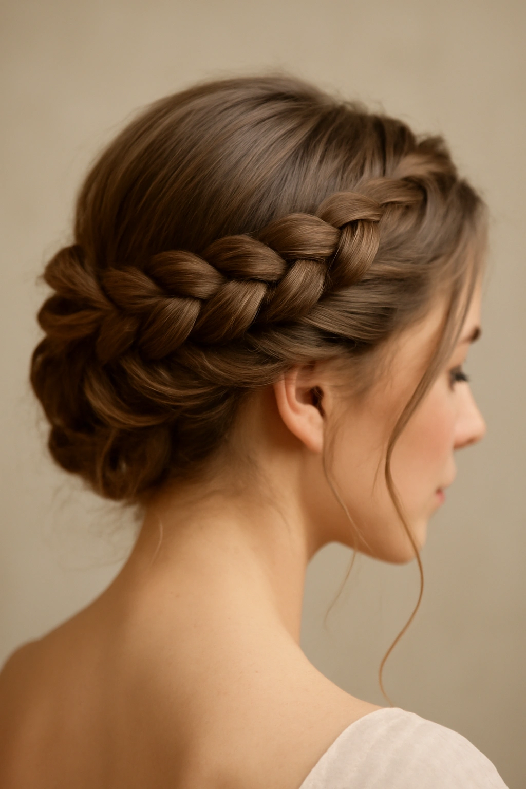 12 Wedding Guest Hairstyles You Can Do Yourself 4 Romantic braided crown hairstyle encircling the head in studio lighting.