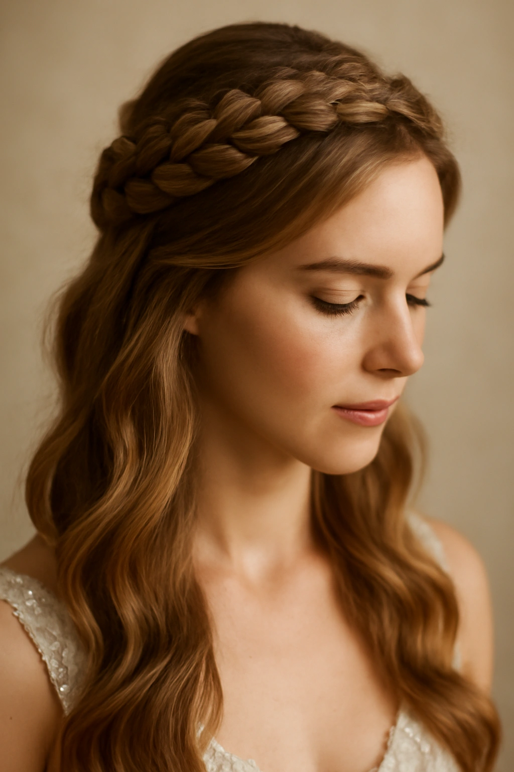 25 Wedding Hairstyles From Pixie Cuts to Long Waves 7 Close-up of a bridal crown braid across the top with soft waves