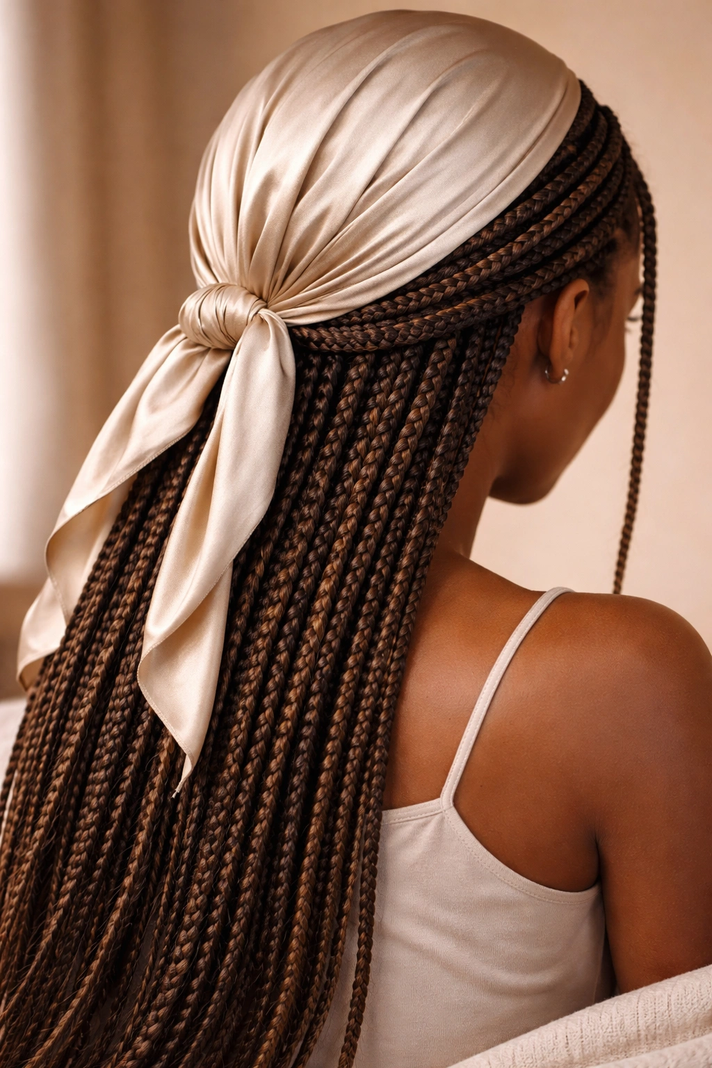 Close-up of braided extensions with satin wrap indicating nightly maintenance