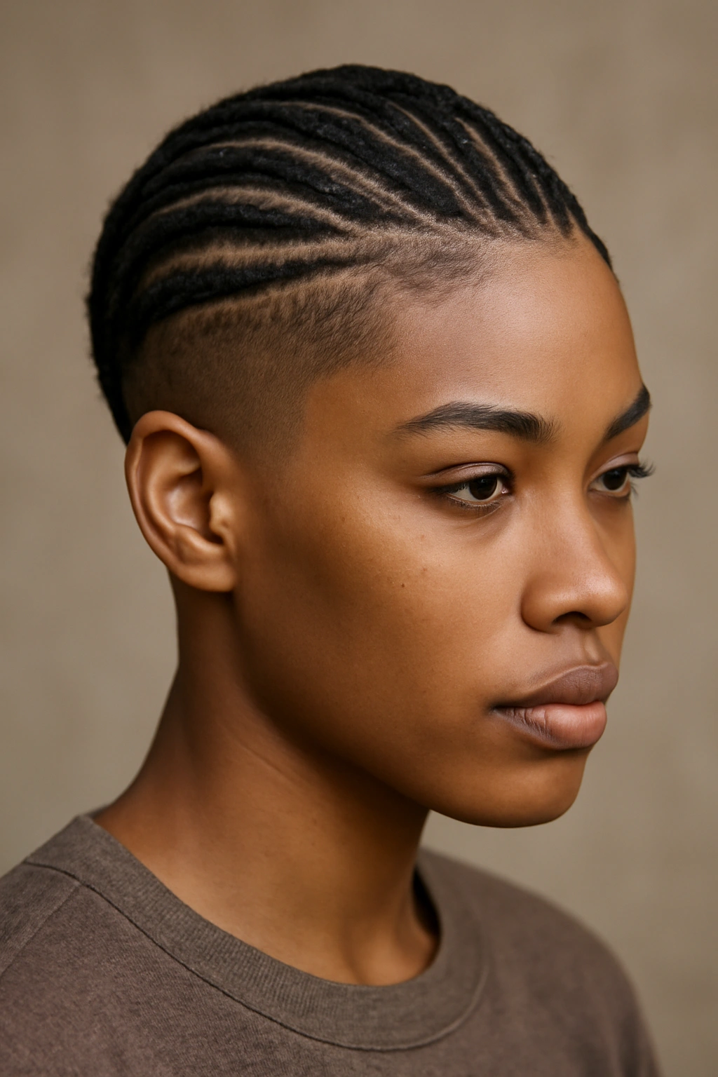 12 Short Curly Natural Hairstyles for Black Women 7 Head and shoulders of a person with cornrows on top and a sharp fade on the sides, showcasing braided design.