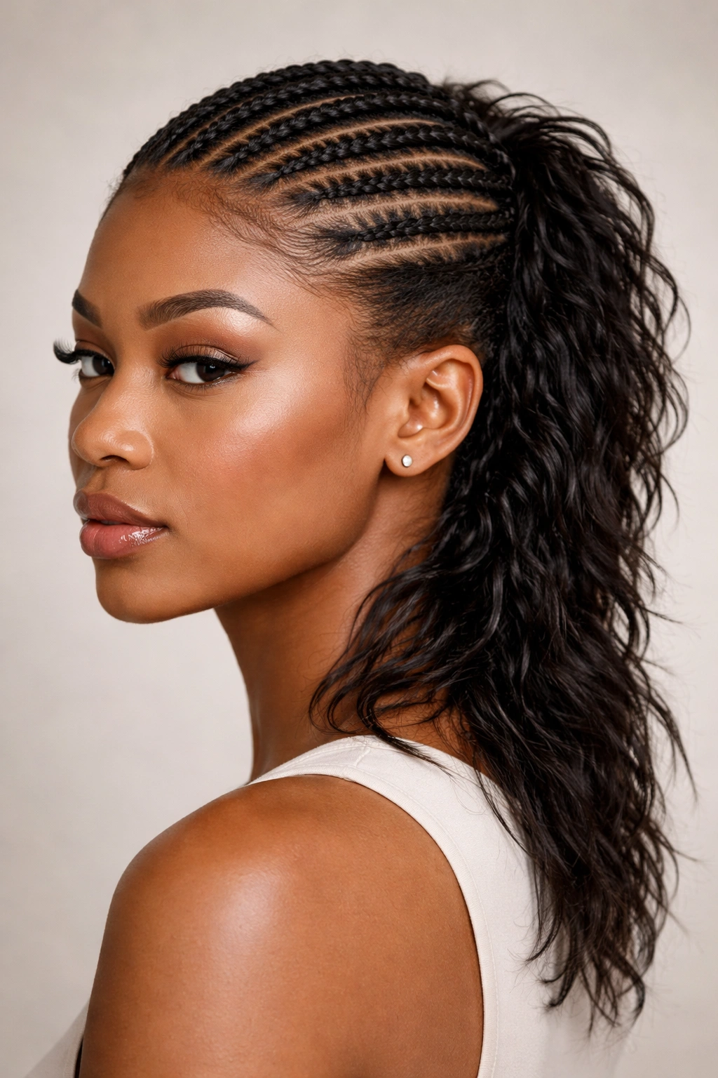 Model with braided front blending into a longer mullet back in a clean studio setting.