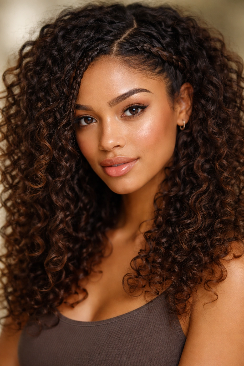 Face-framing braid along hairline with curls visible