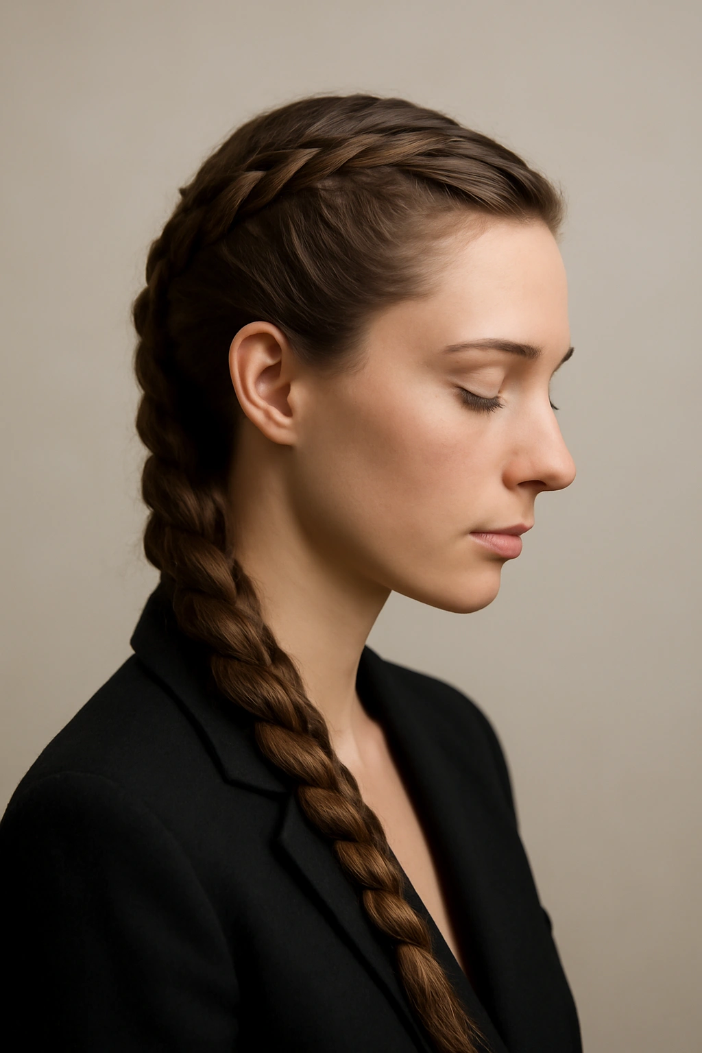 Portrait of a thoughtful person with a polished braided hairstyle in a minimalist studio setting