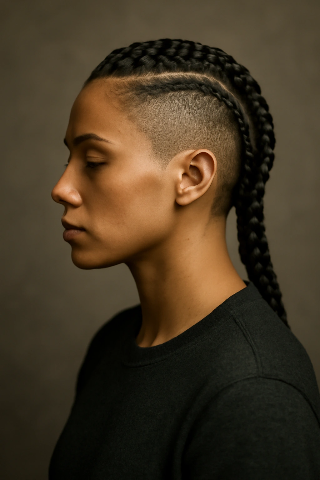 Portrait of braided hairstyles with shaved sides in contemplation