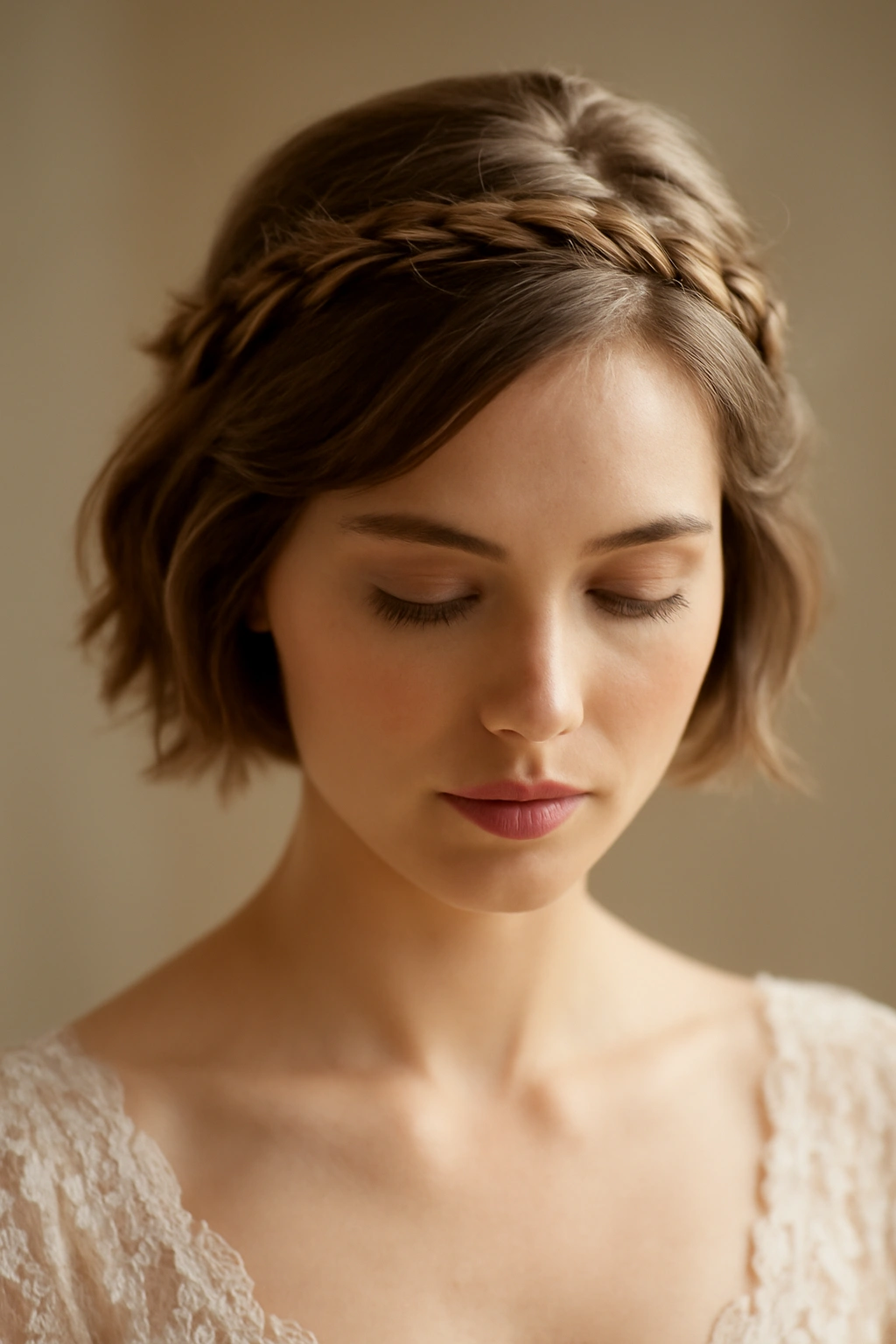 10 Short Bridal Hairstyles That Photograph Beautifully 6 Bridal hairstyle with a braided halo crown on short hair