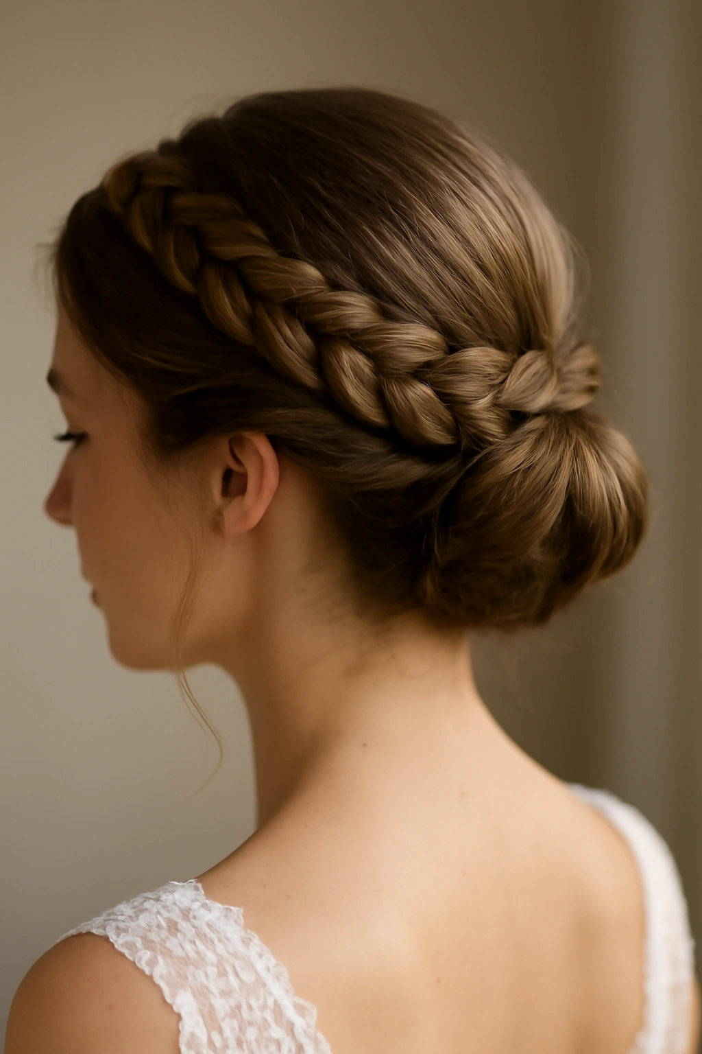 10 Elegant Updos for Weddings and Formal Events 8 Close-up of a crown halo braid encircling the head with a low bun