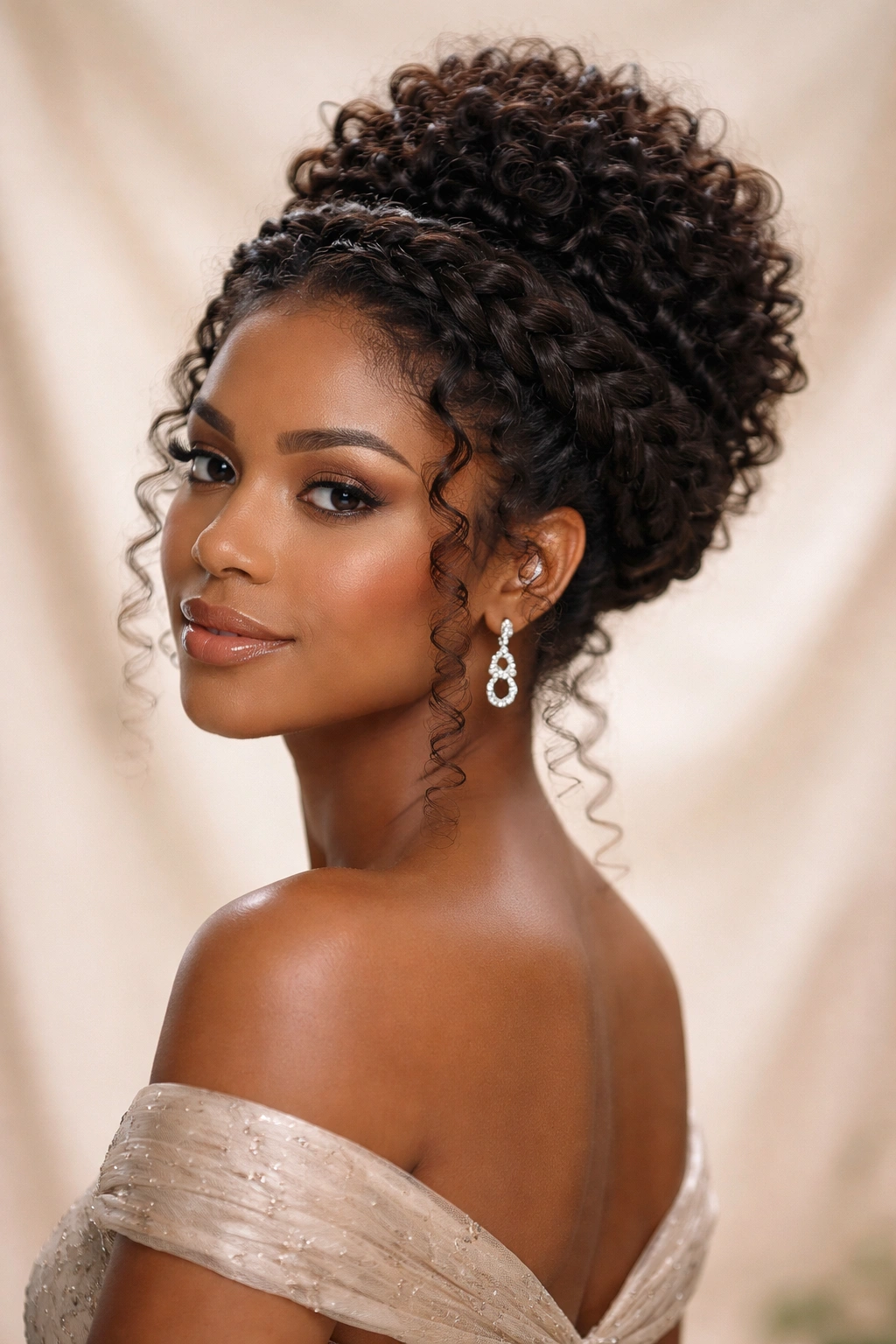 Braided halo with center curls for a regal, romantic updo