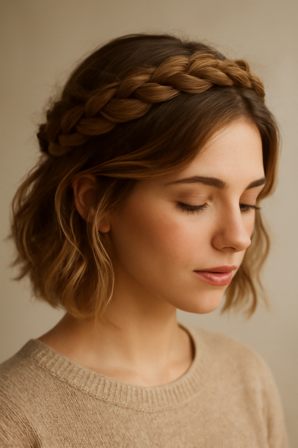 10 Cute Homecoming Hairstyles for Short Hair 8 Halo braid encircling the head, creating a romantic crown effect.