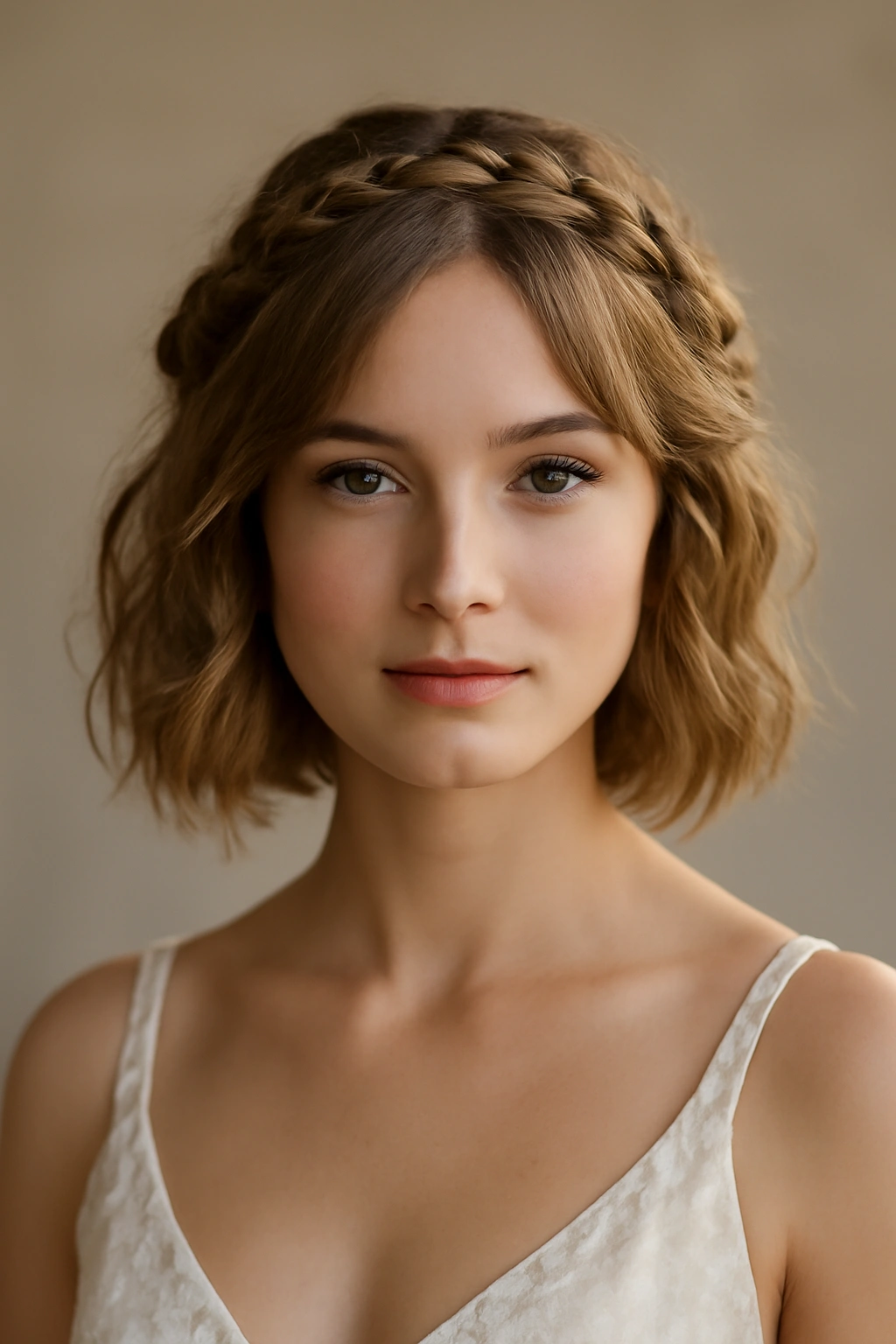 12 Bridal Updos Every Short-Haired Bride Should Try 3 Bride wearing a braided halo with soft waves