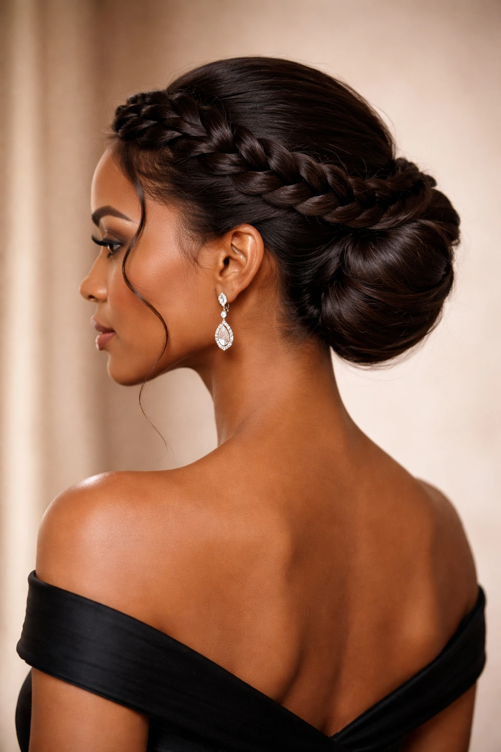 Halo braid around the crown with tucked hair beneath for a romantic updo