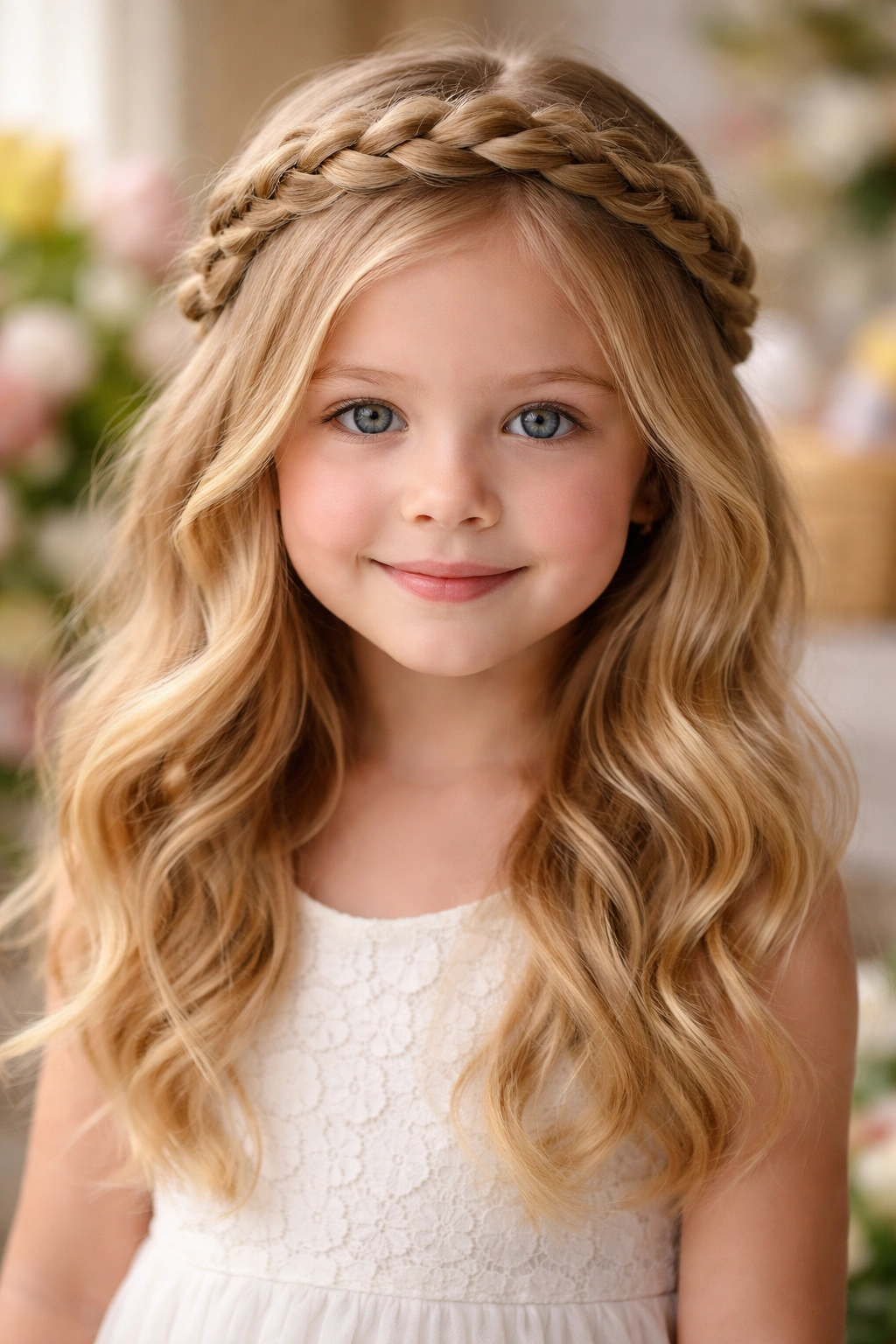 Front view of braided halo with loose waves