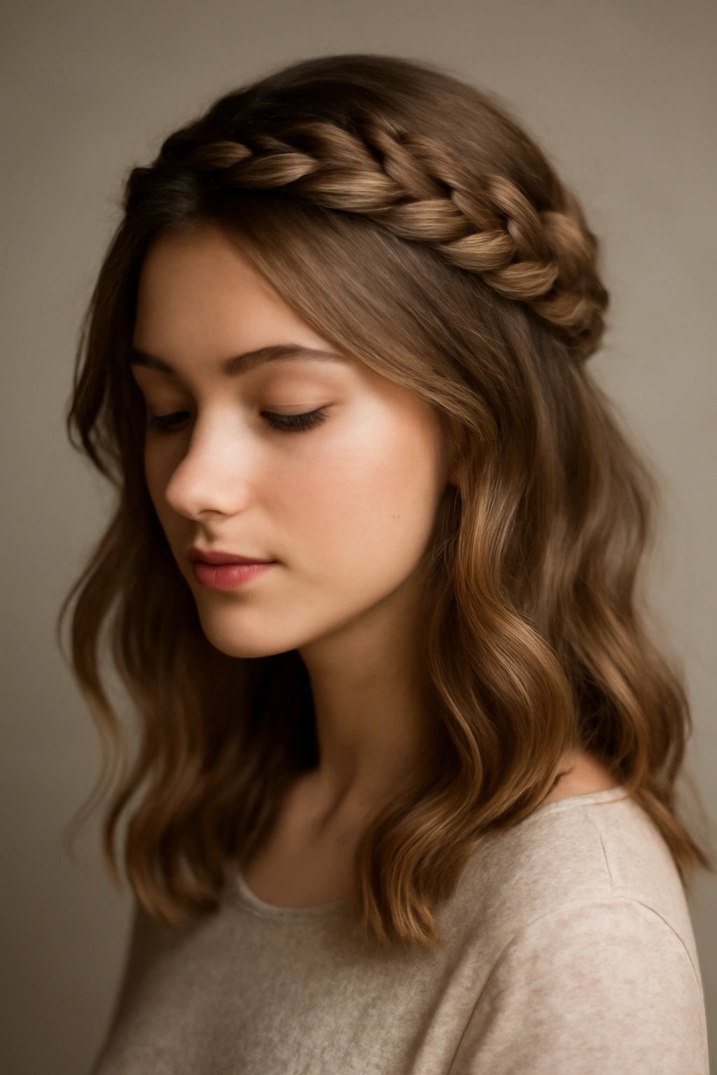12 Adorable Homecoming Hairstyles for Medium Hair 3 Halo braid around crown with soft waves underneath