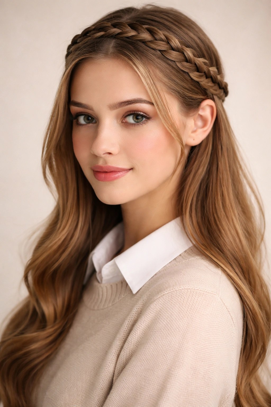 Close-up of a braided headband across the crown with loose hair