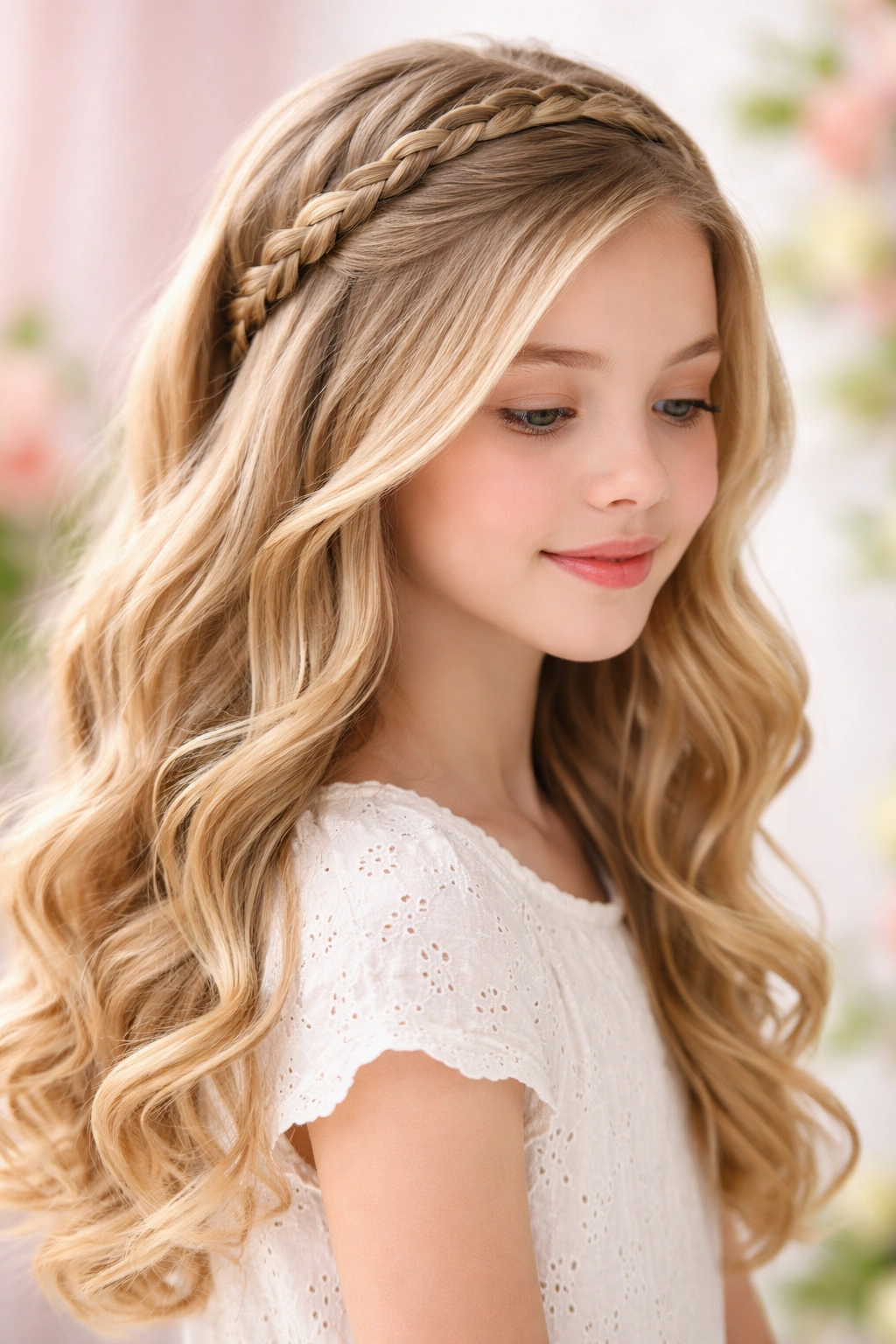 Braided headband hairstyle with loose curls