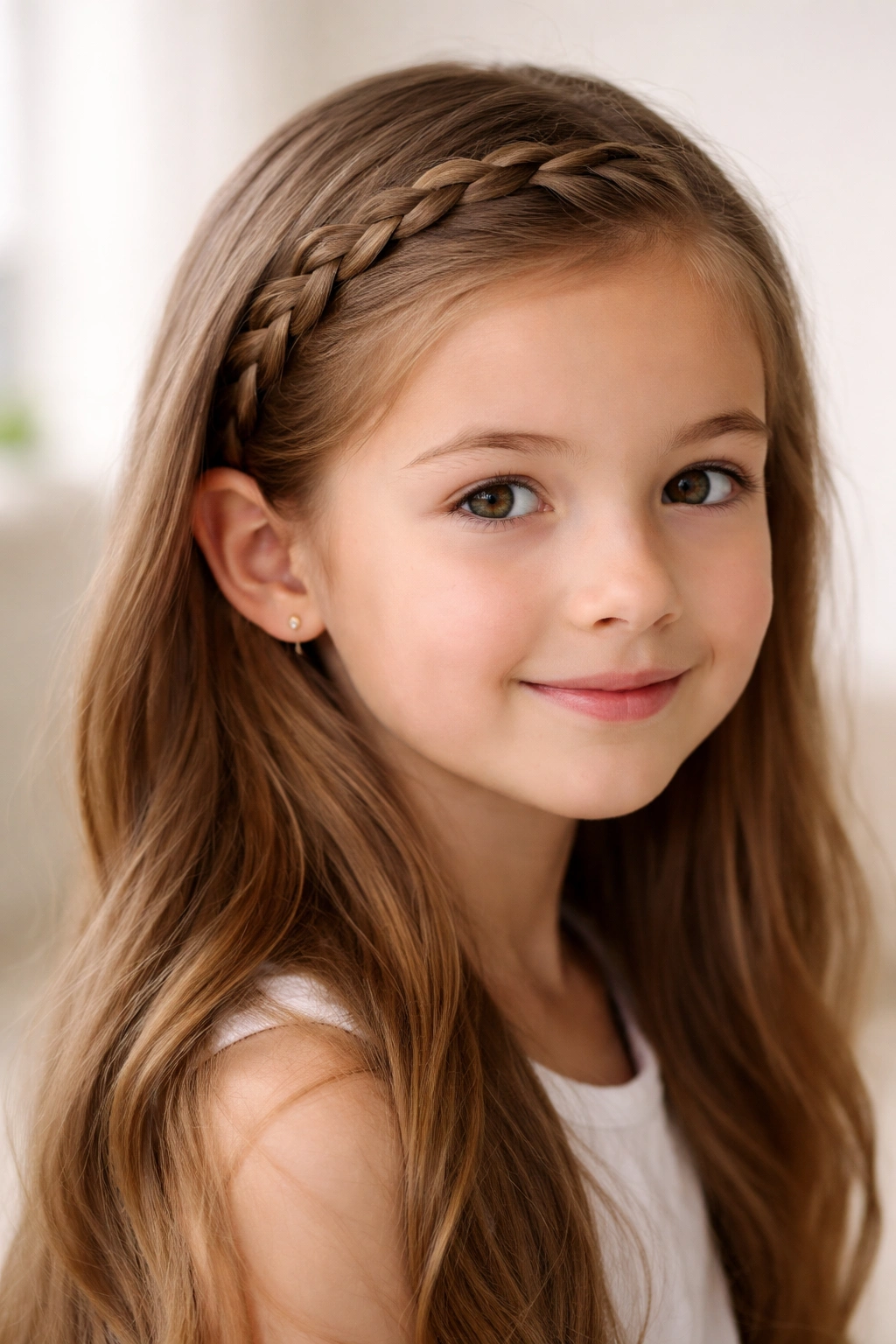 Close-up of a braided headband hairstyle on a young girl with hair framing the face