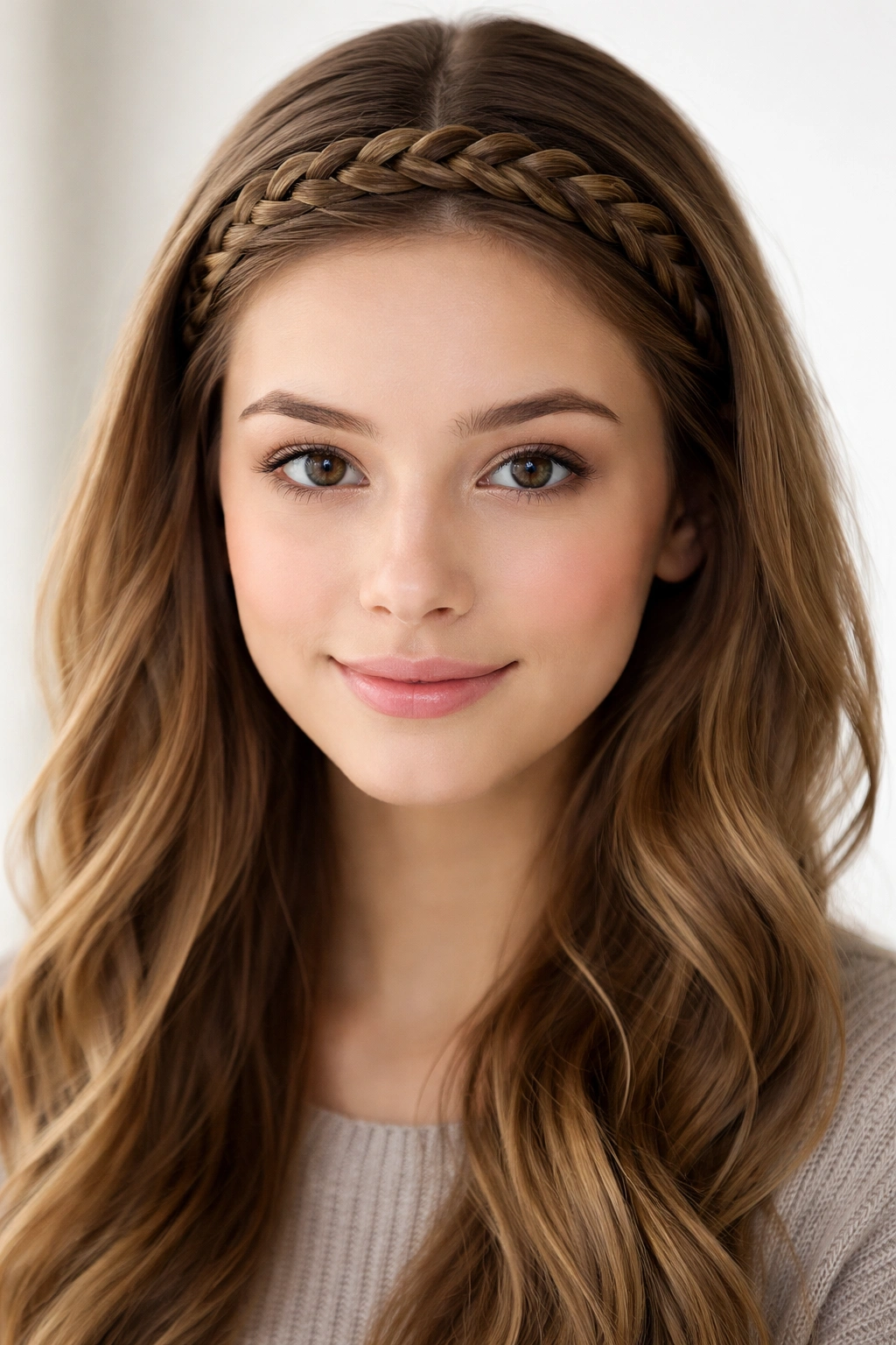 Close-up of braided headband along the hairline with soft studio lighting