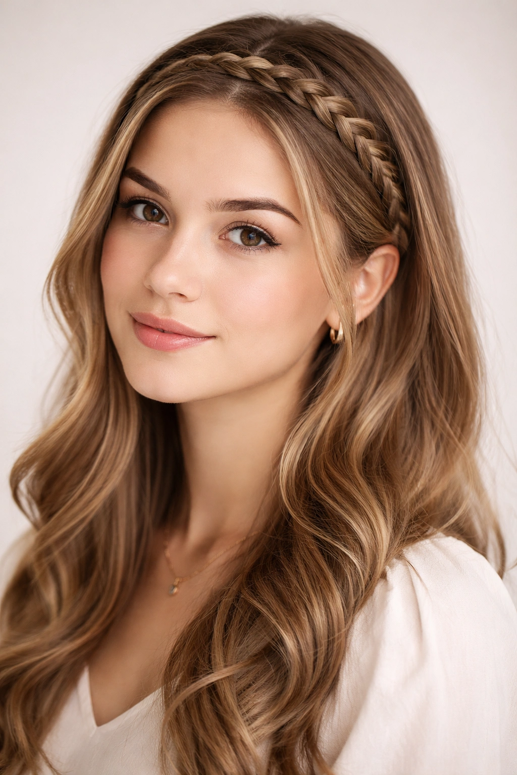 Close-up of a head showing a braided headband across the crown with loose curls