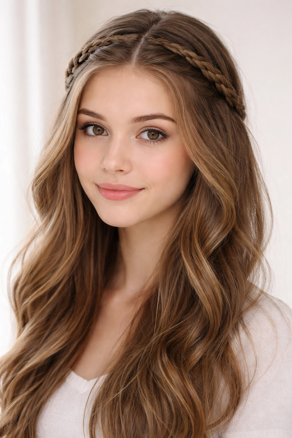 Braided headband formed by two braids across the crown