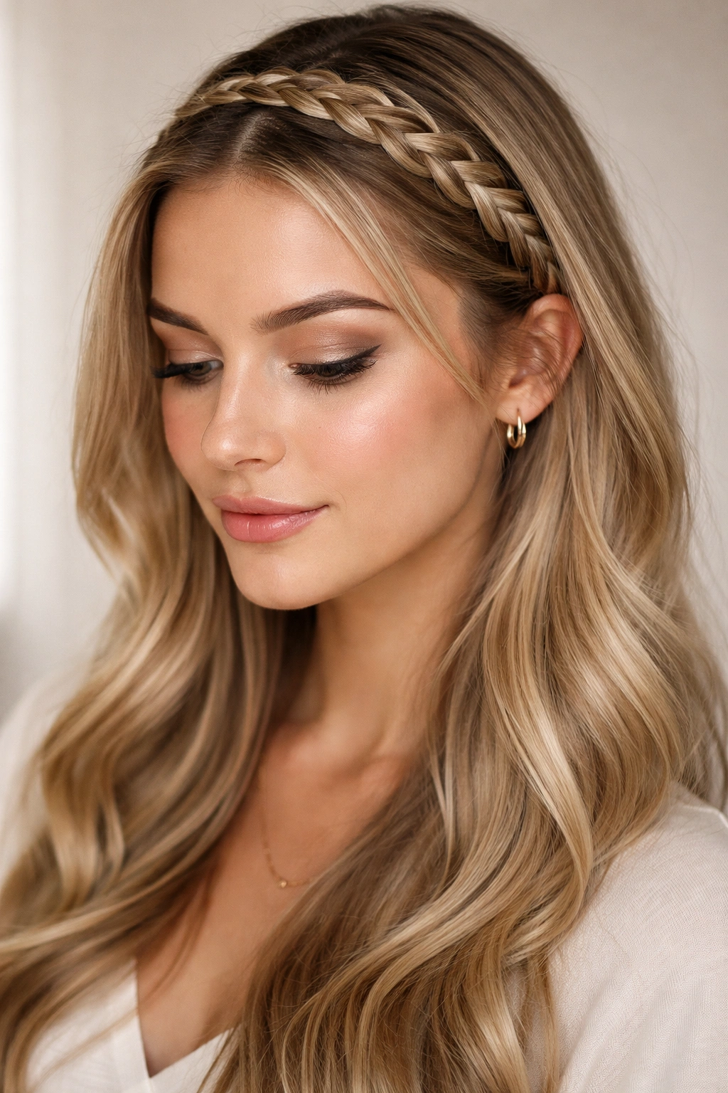 Close-up of a diagonal braid across the crown with hair left down.