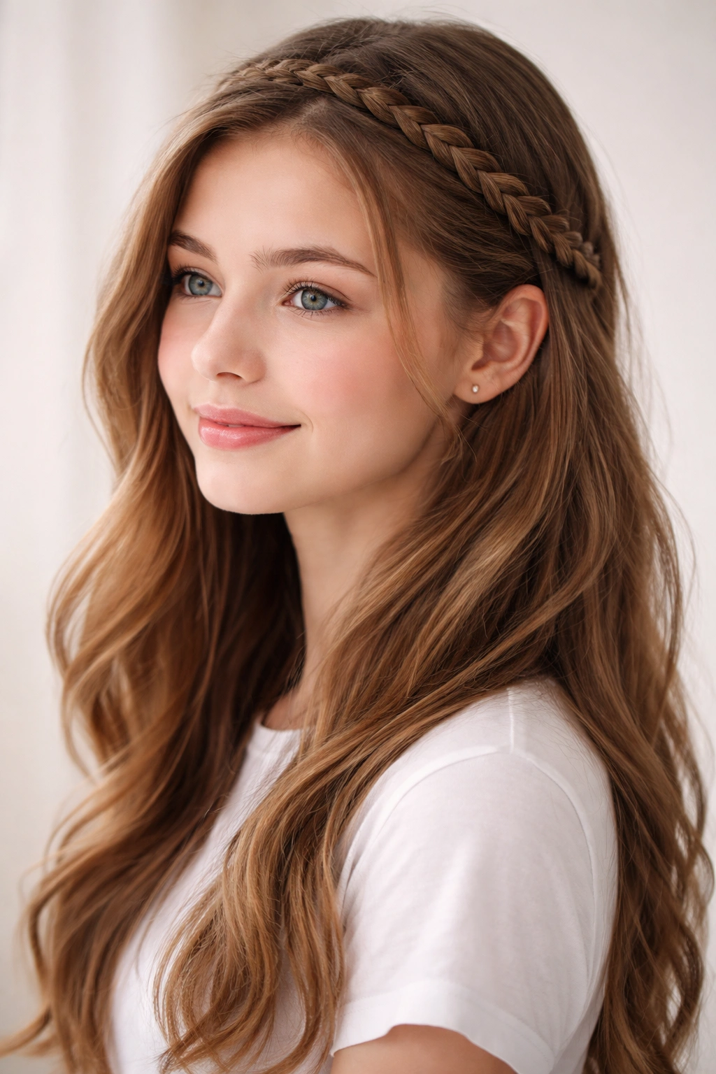 Portrait of a teen girl with a braided headband and loose hair