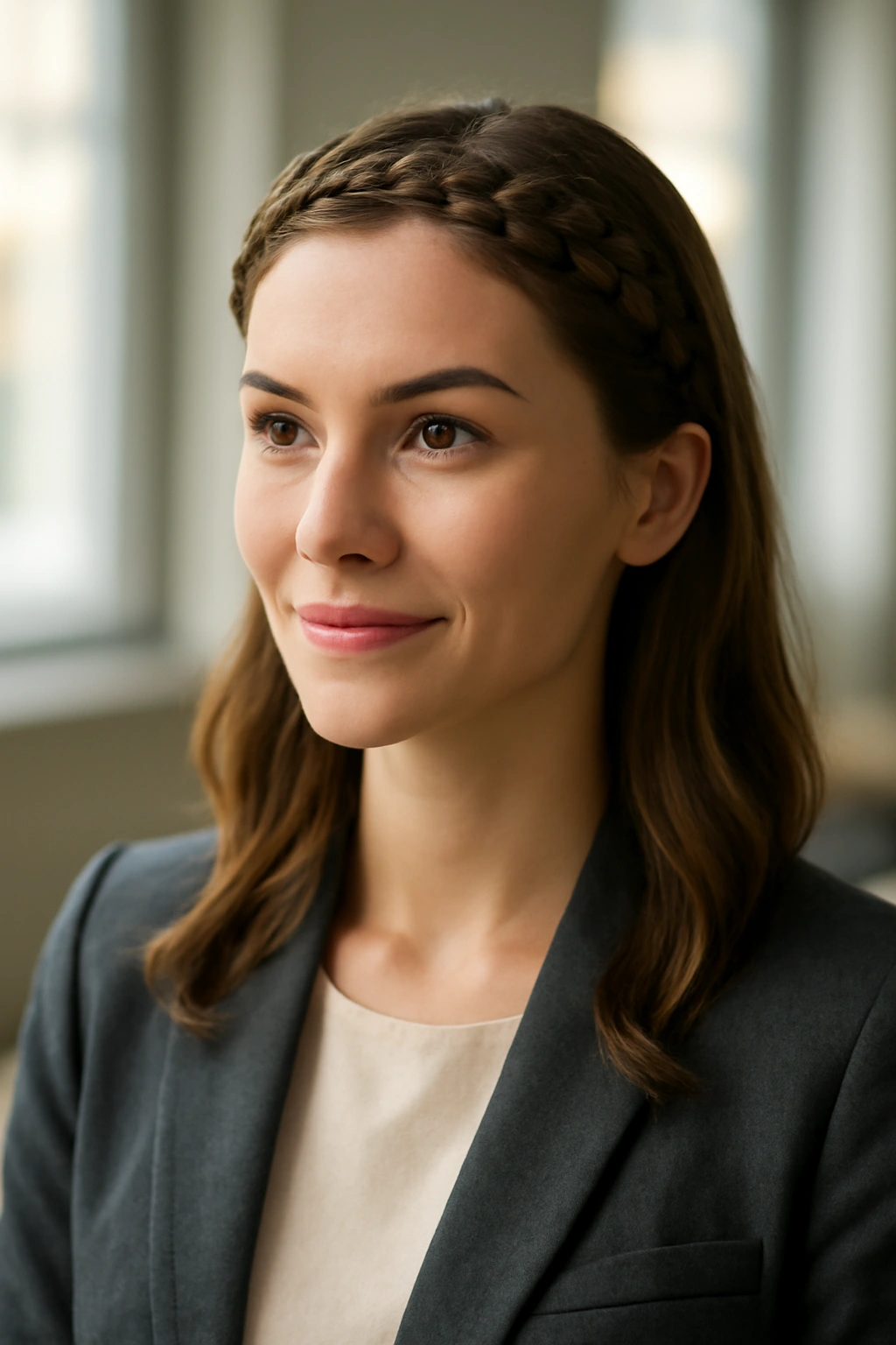18 Braided Hairstyles for the Office and Weekends 16 Braided headband across the head with loose hair.