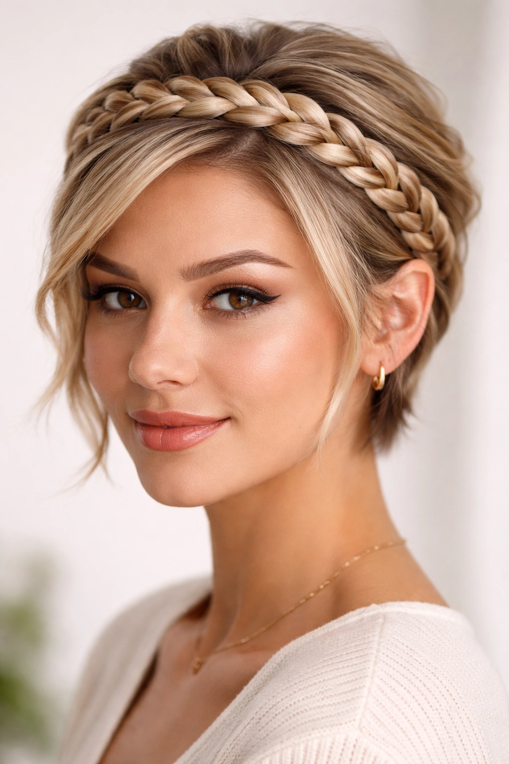 Front view of a short hairstyle featuring a braided headband wrap around the head