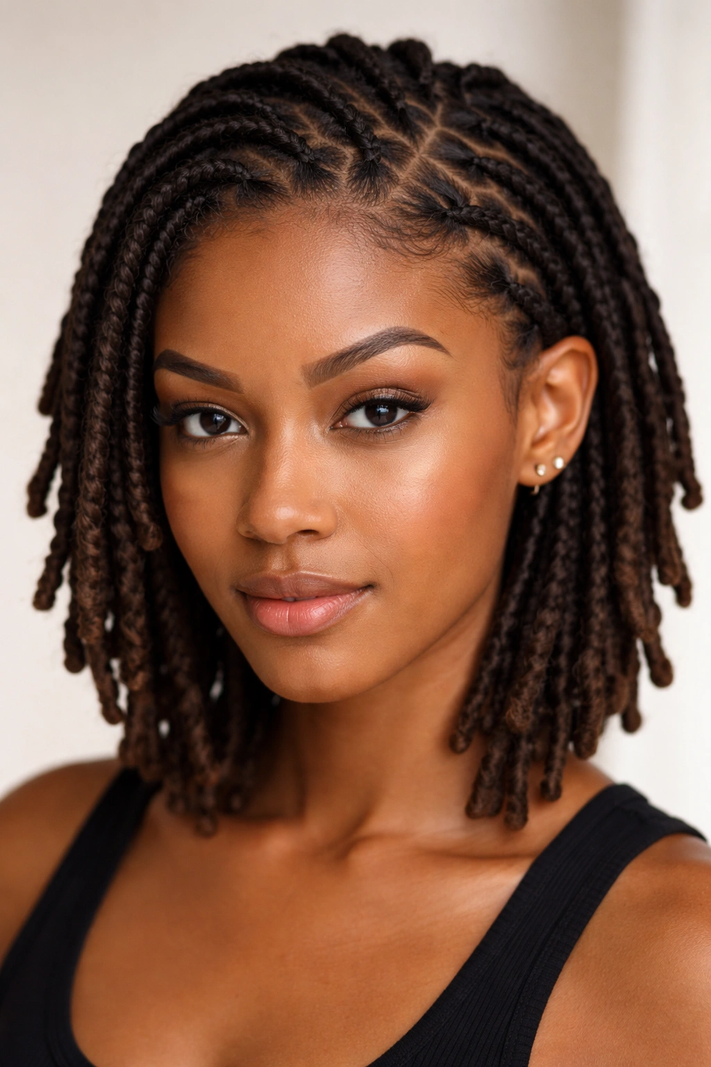Close-up of braided-in locs showing transition from braids to locks.