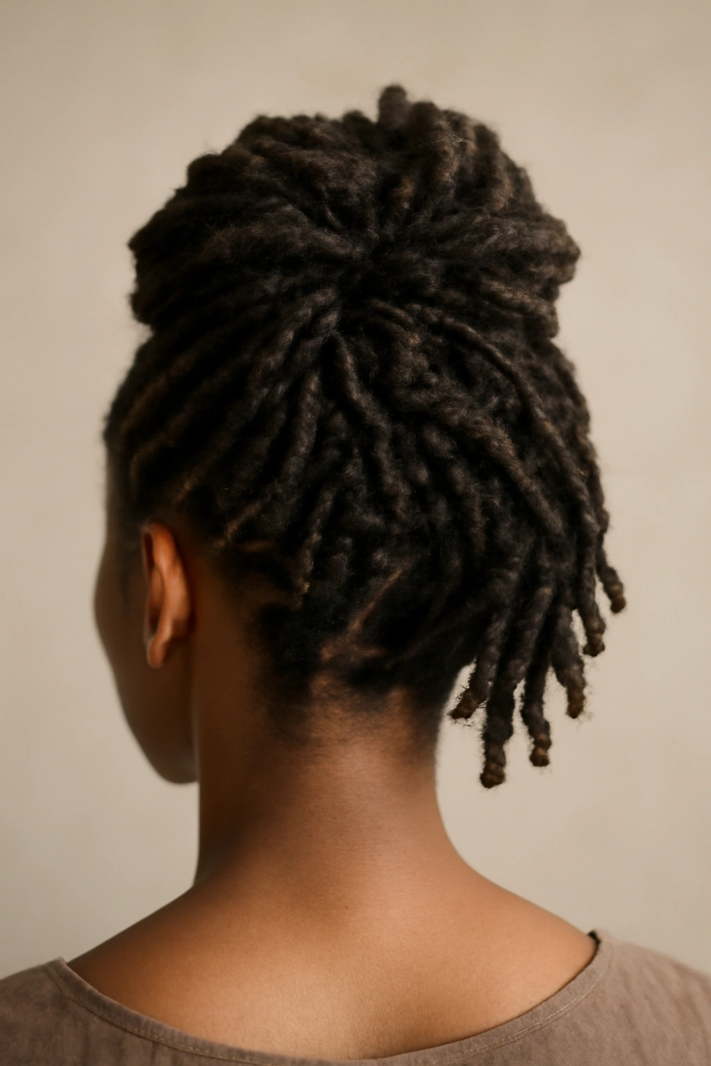 12 Short Loc Styles Women Are Obsessed With Right Now 8 Back-view updo with braided and loose locs showing texture
