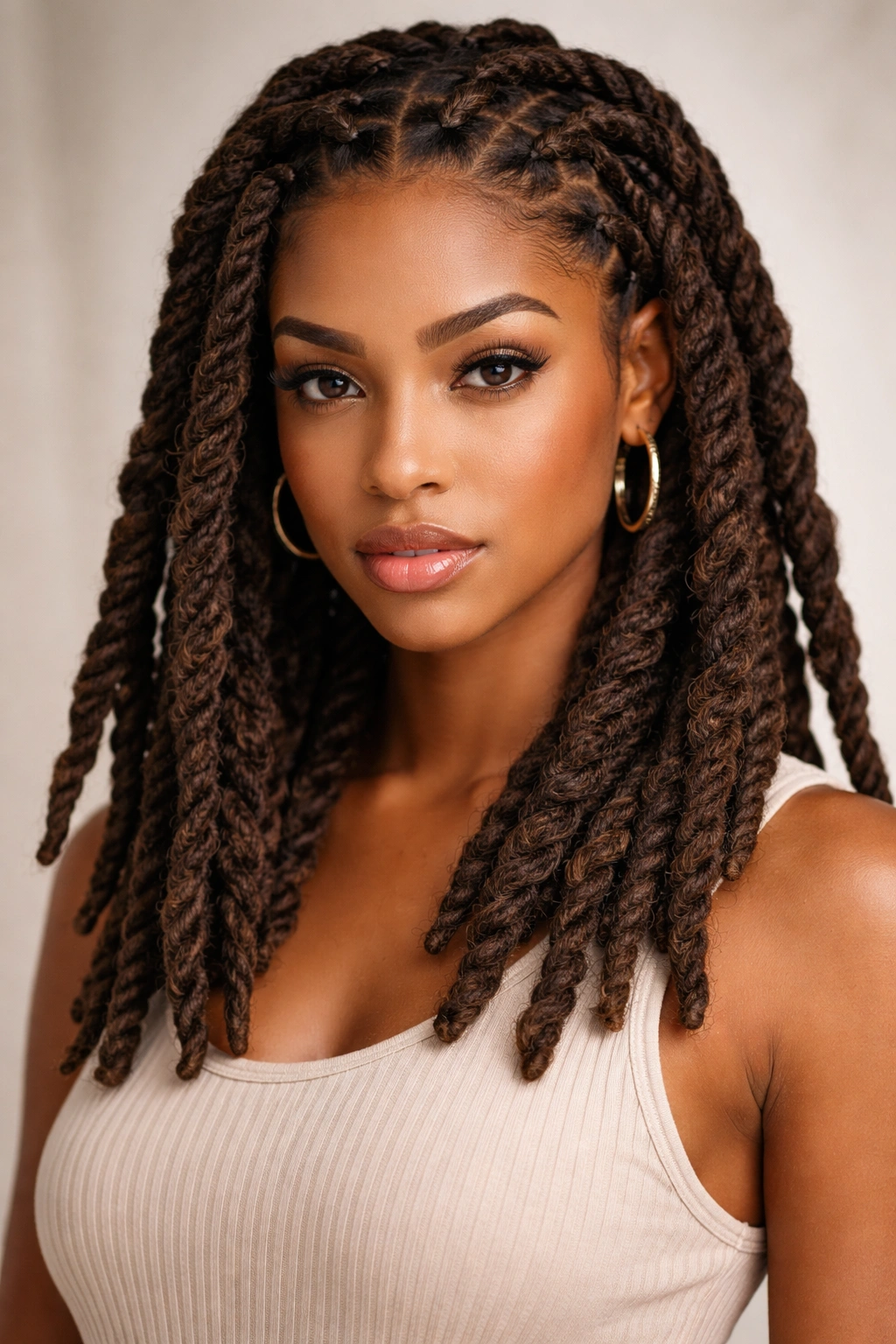 Medium-length locs braided into thick combined sections