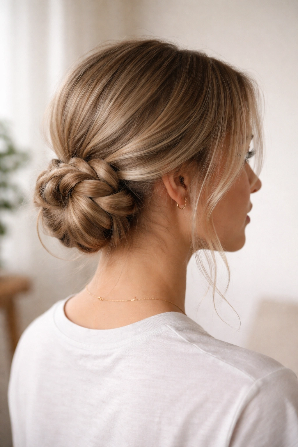 Side view of braided low bun at the nape with soft face-framing pieces.