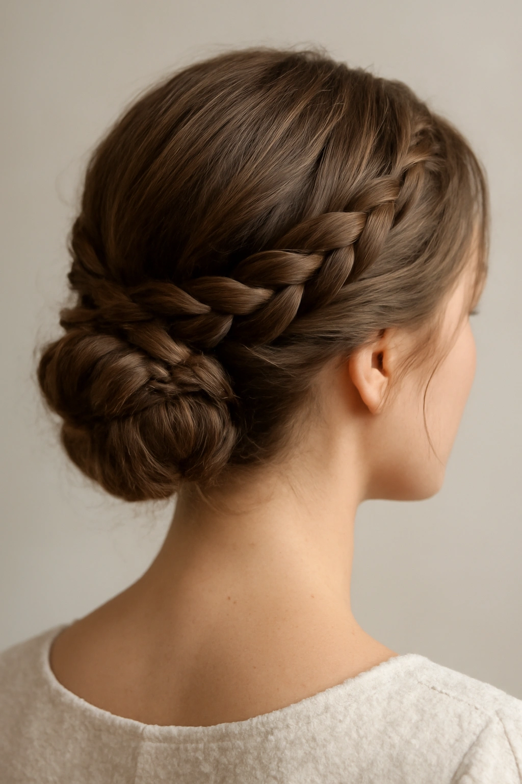Close-up of braided low bun bridal hairstyle
