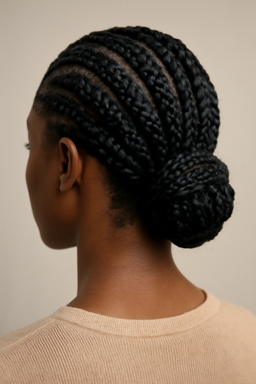 10 Elegant Low Bun Styles for Black Women to Try 2 Low braided bun at the nape with visible box braids texture