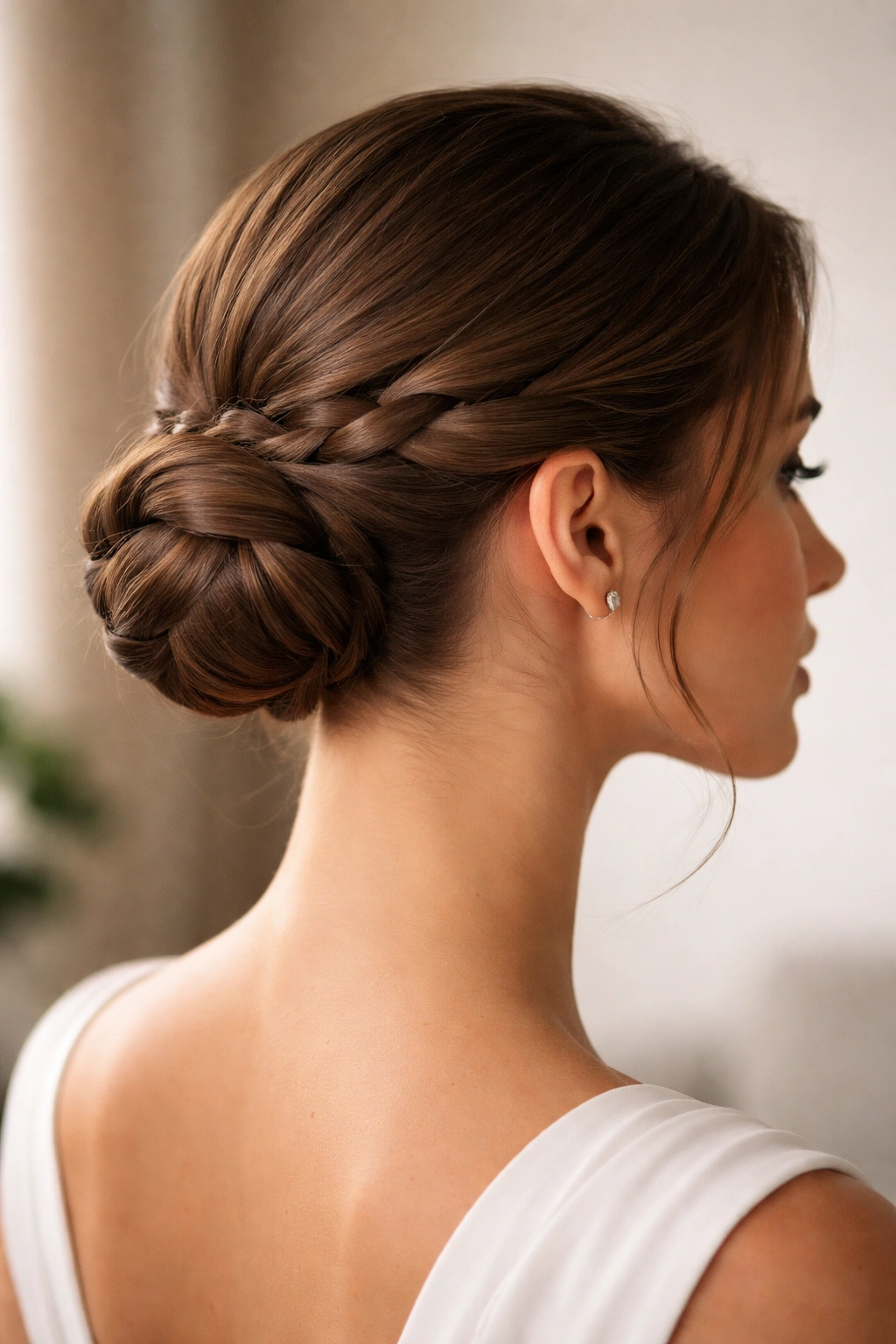 Side-profile of a sleek braided low bun at the nape of the neck
