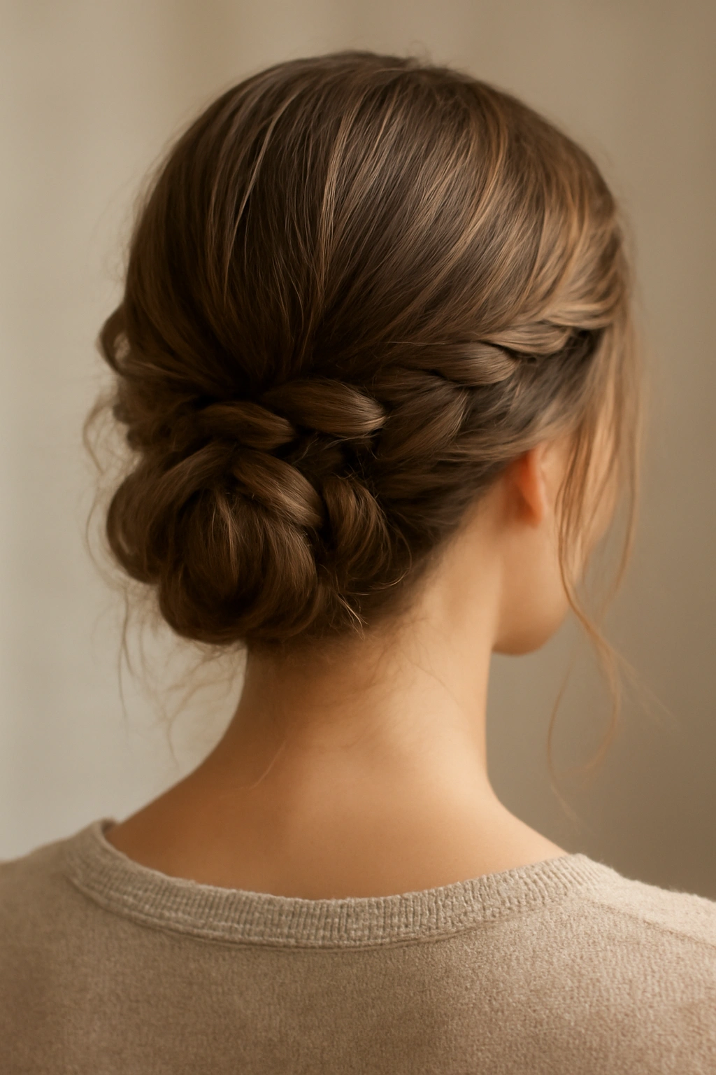 Back view of a braided low bun with wispy strands around the neck